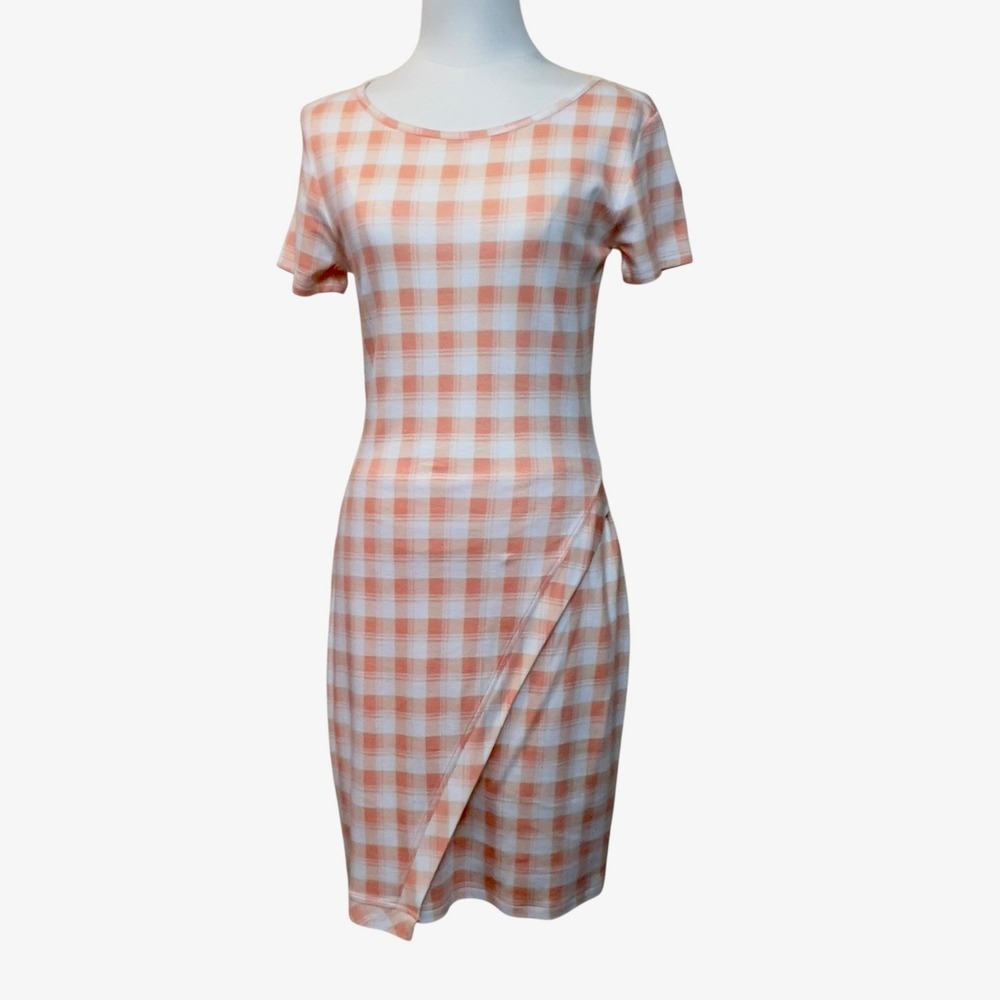 41 Hawthorn Stitch Fix Brigitte Knit Bodycon Dress Peach Plaid Small Casual